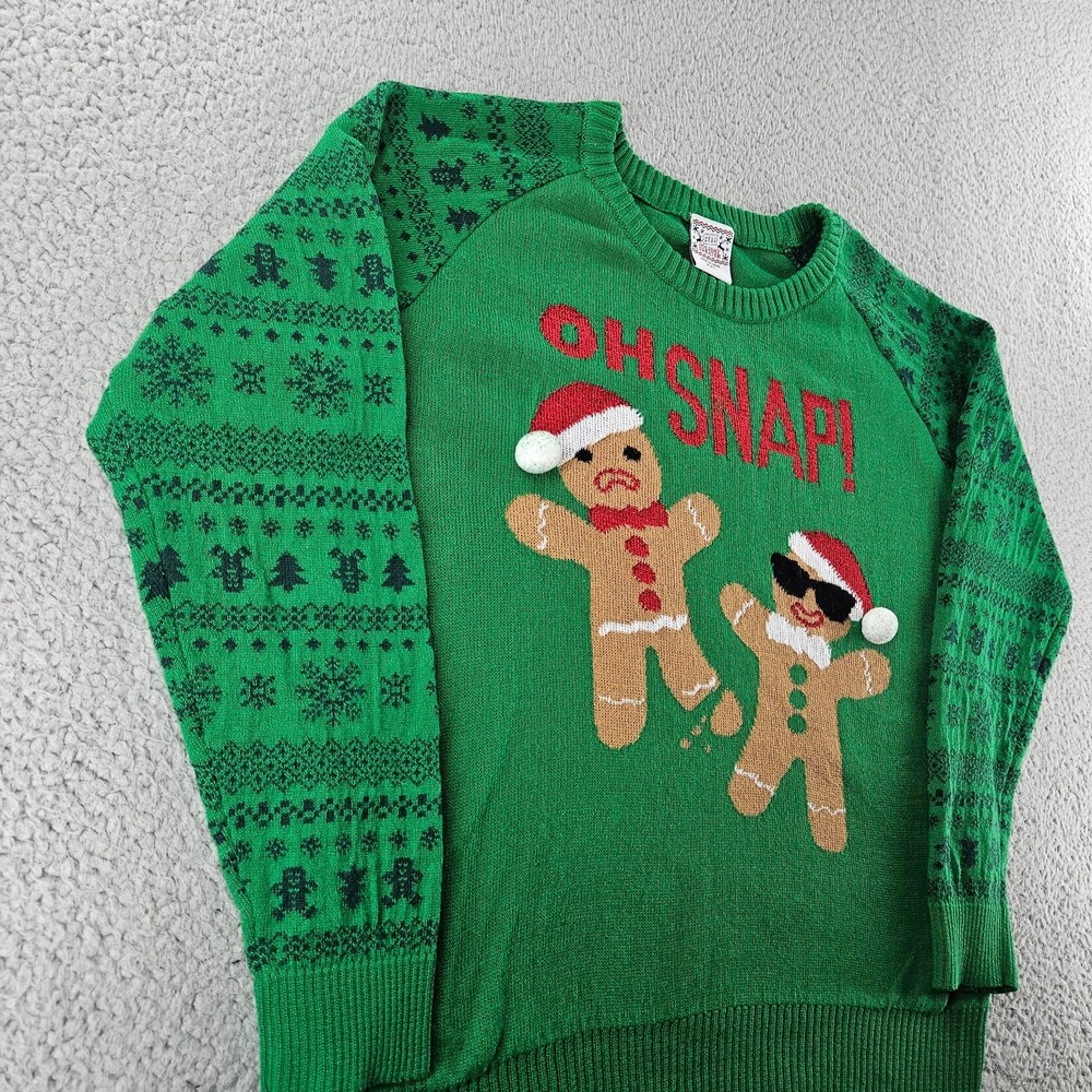 Ugly Christmas Sweater Womens XXL Green Fair Isle Gingerbread Man Oh Snap - Picture 3 of 16
